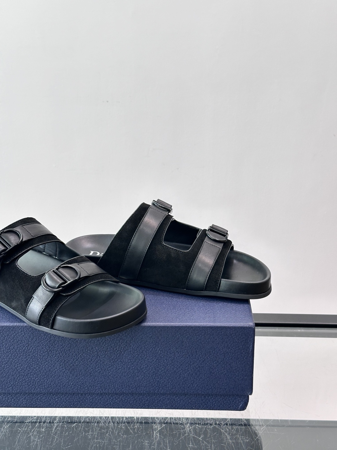 Dior Black Suede Double Buckle Slide Sandals