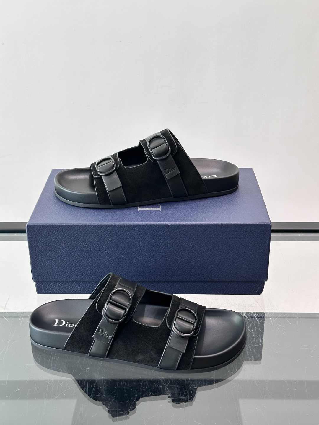 Dior Black Suede Double Buckle Slide Sandals