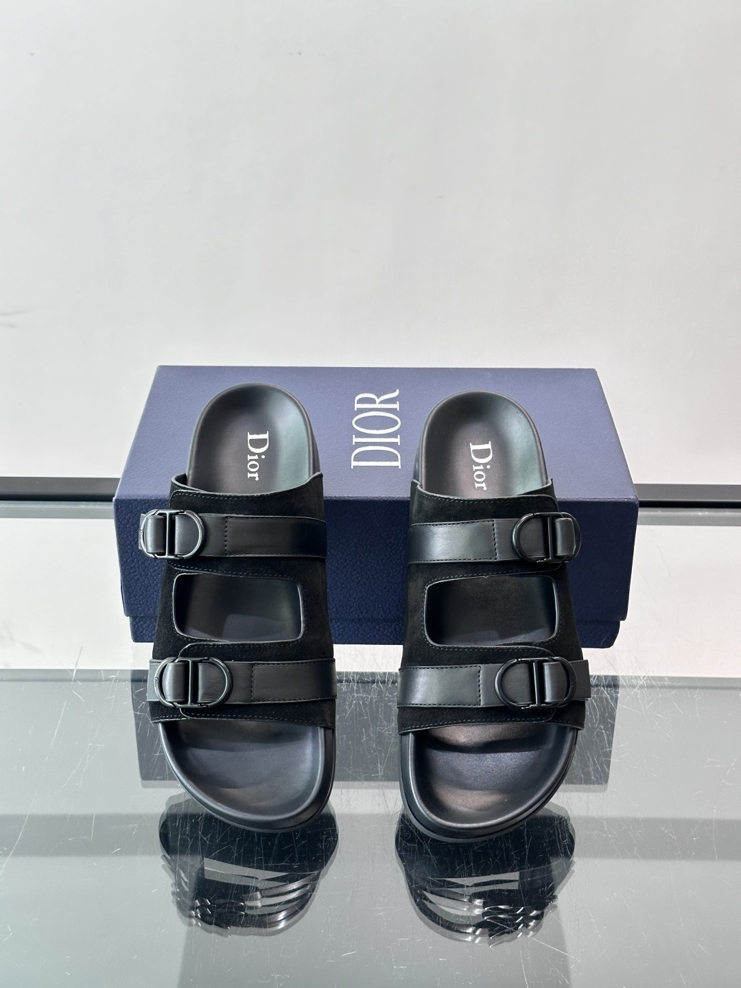 Dior Black Suede Double Buckle Slide Sandals