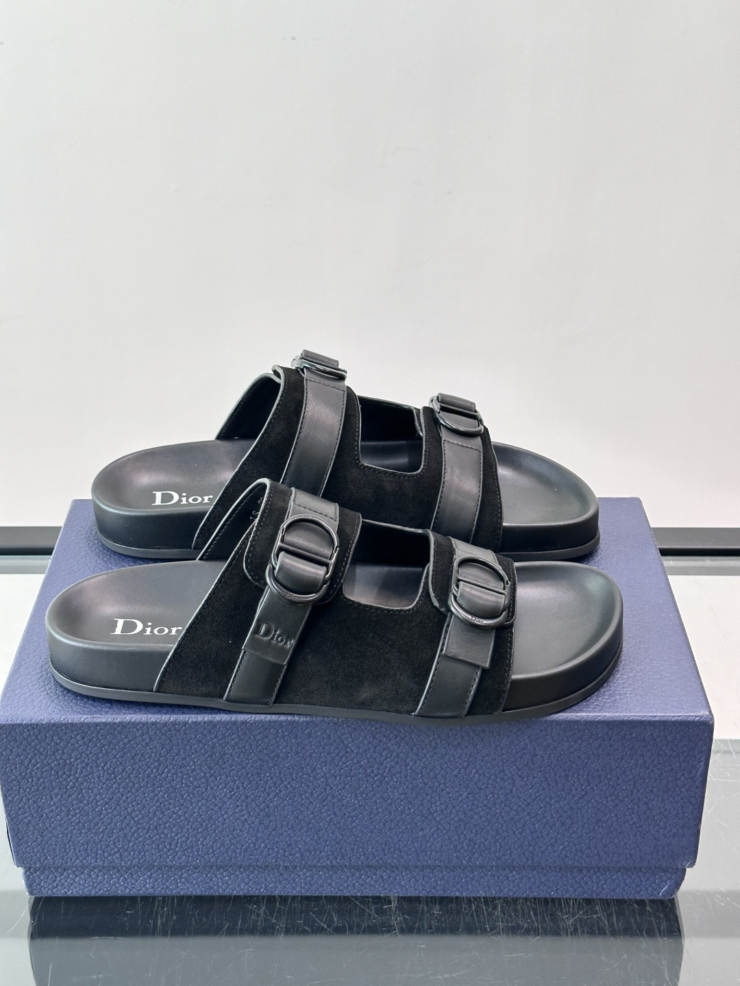 Dior Black Suede Double Buckle Slide Sandals