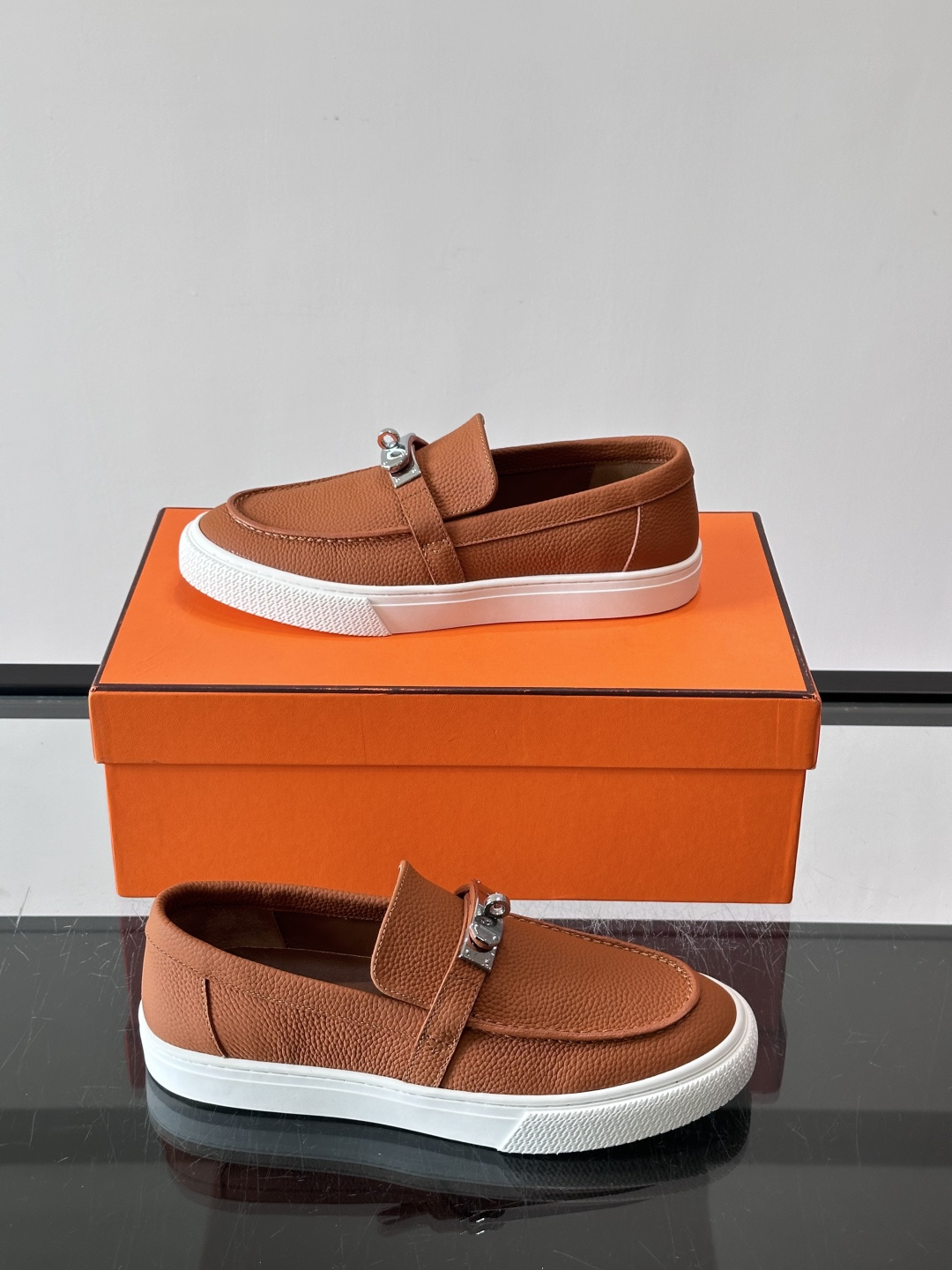 Hermes Caramel Pebbled Kelly Loafers