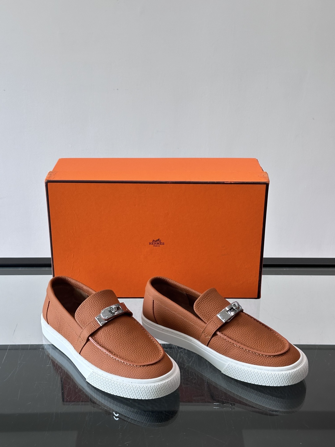 Hermes Caramel Pebbled Kelly Loafers