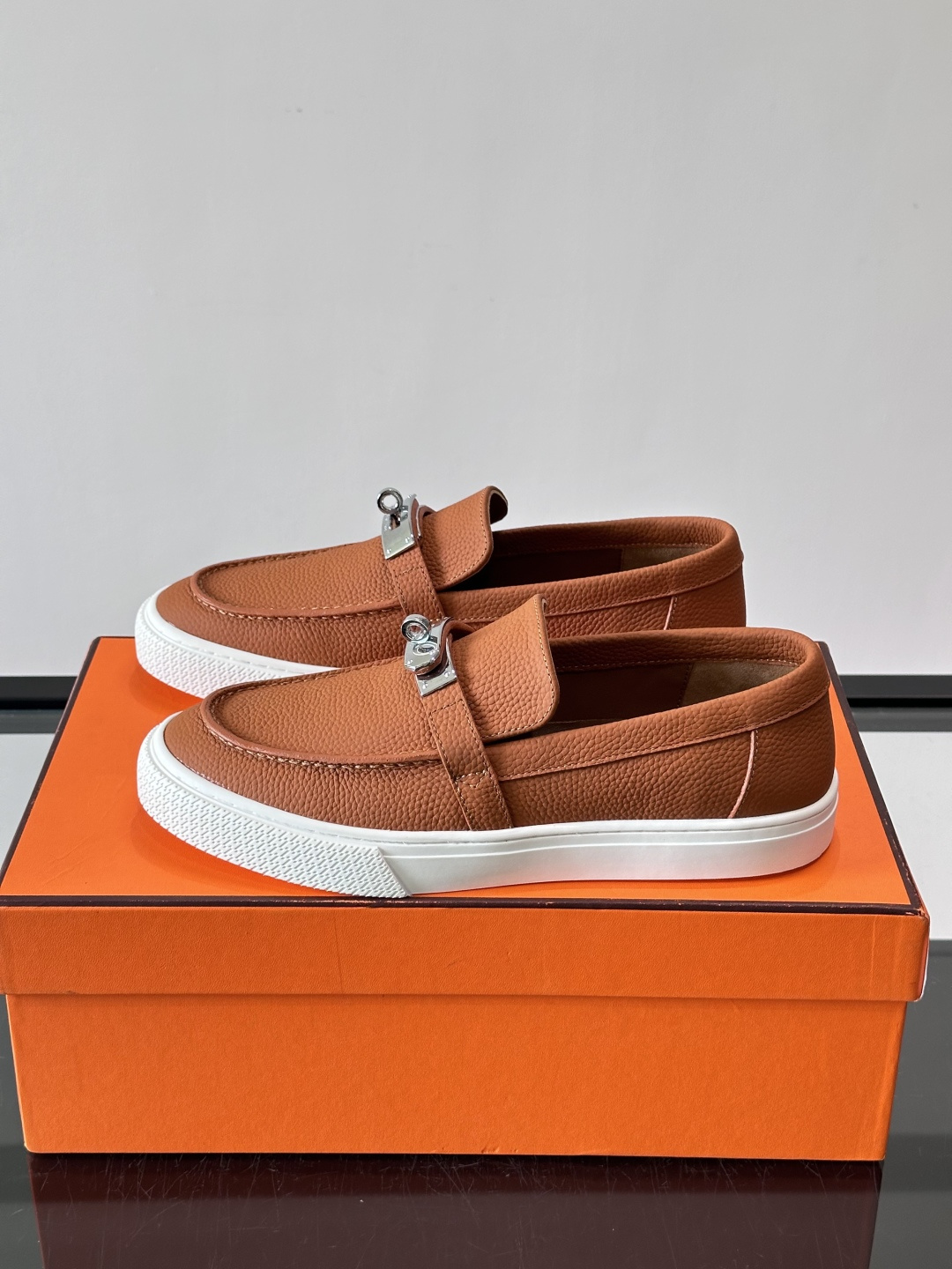 Hermes Caramel Pebbled Kelly Loafers