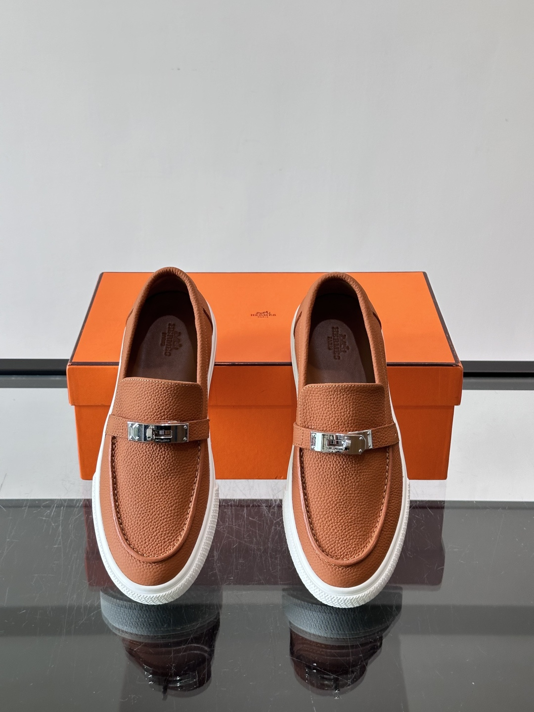 Hermes Caramel Pebbled Kelly Loafers