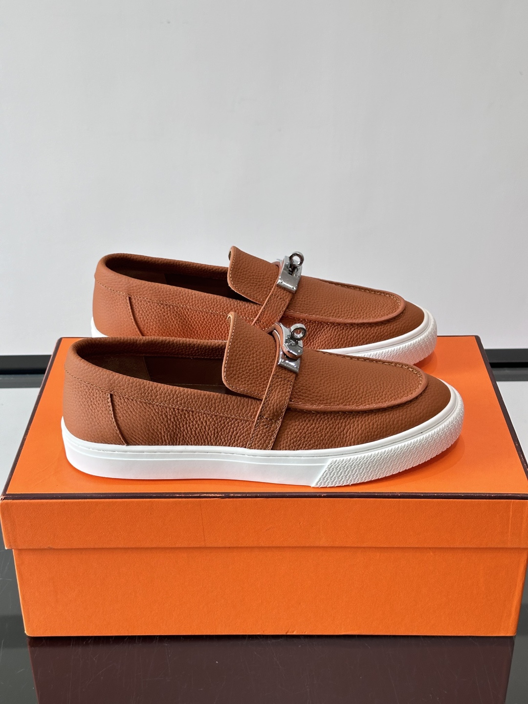 Hermes Caramel Pebbled Kelly Loafers