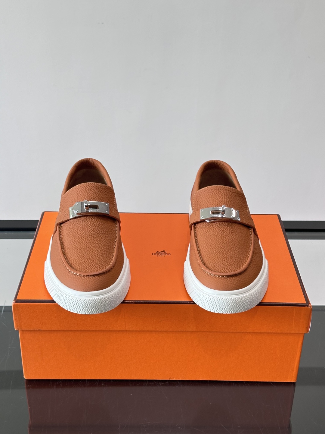 Hermes Caramel Pebbled Kelly Loafers