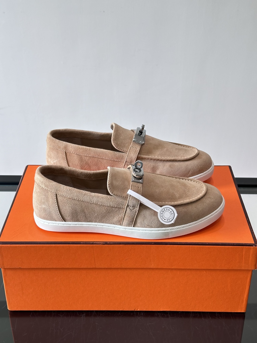 Hermes Beige Suede Kelly Loafers