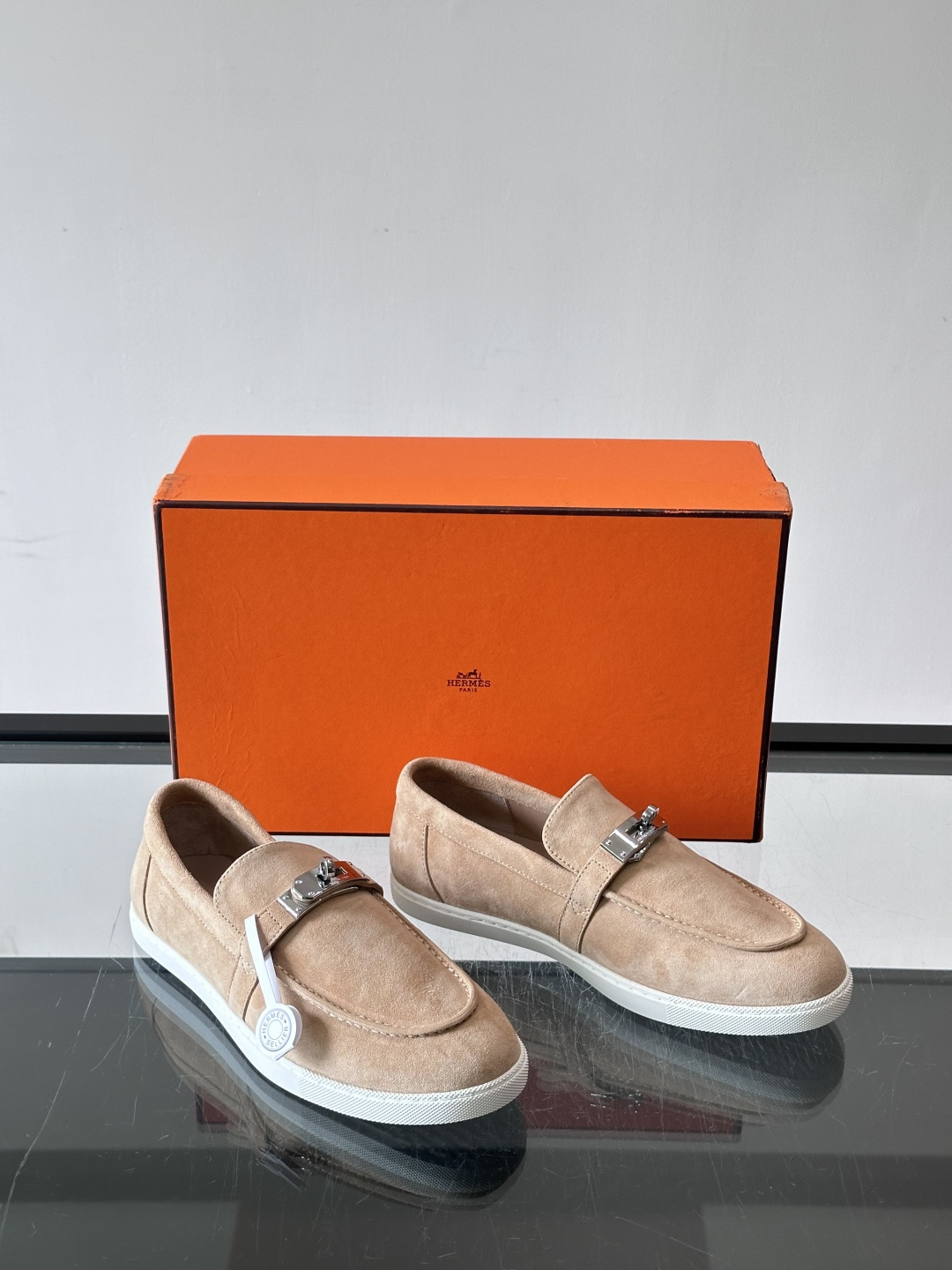Hermes Beige Suede Kelly Loafers