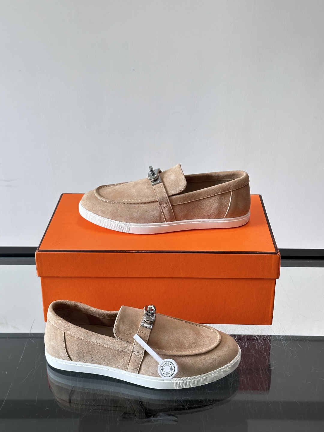 Hermes Beige Suede Kelly Loafers