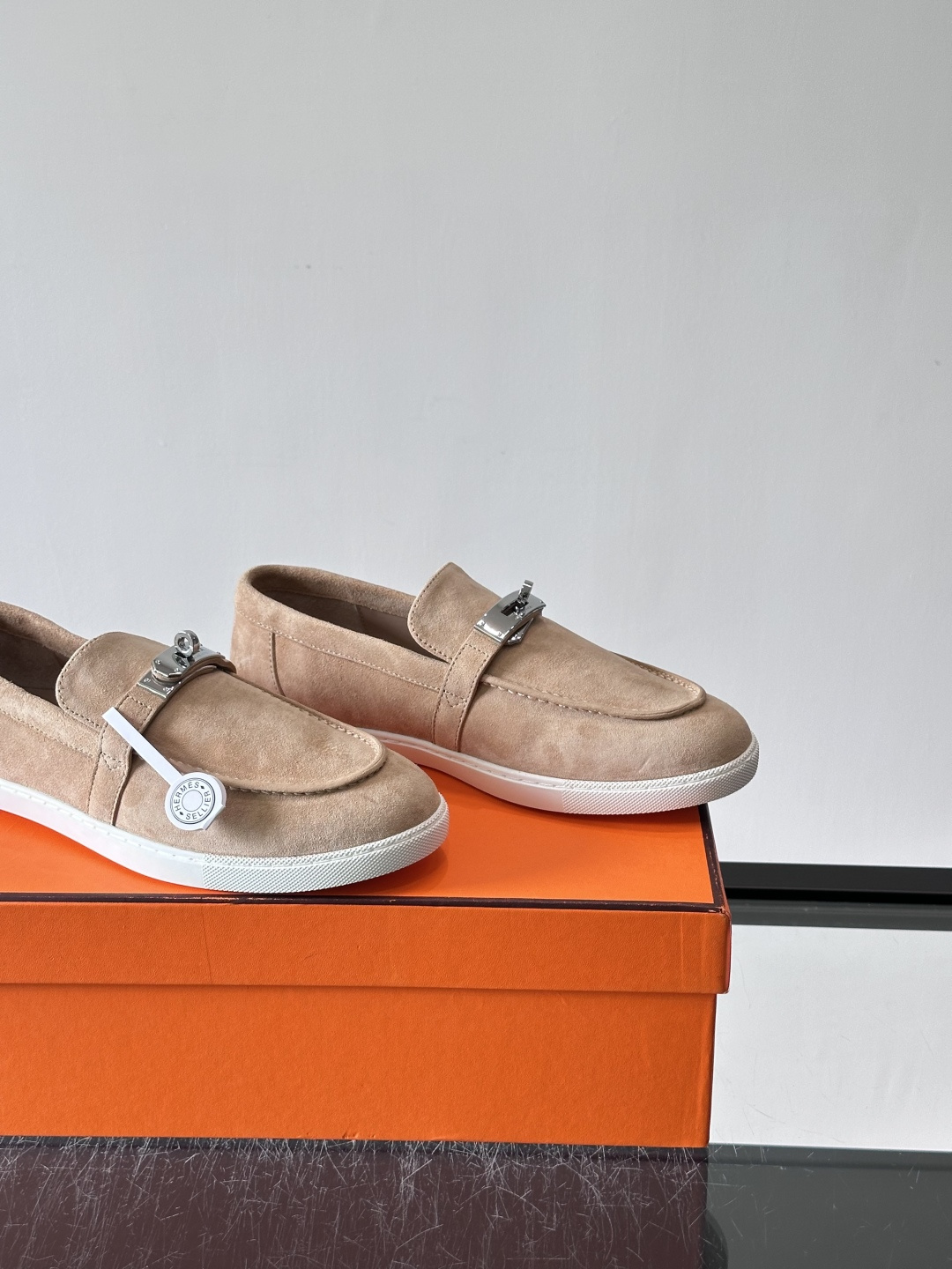 Hermes Beige Suede Kelly Loafers