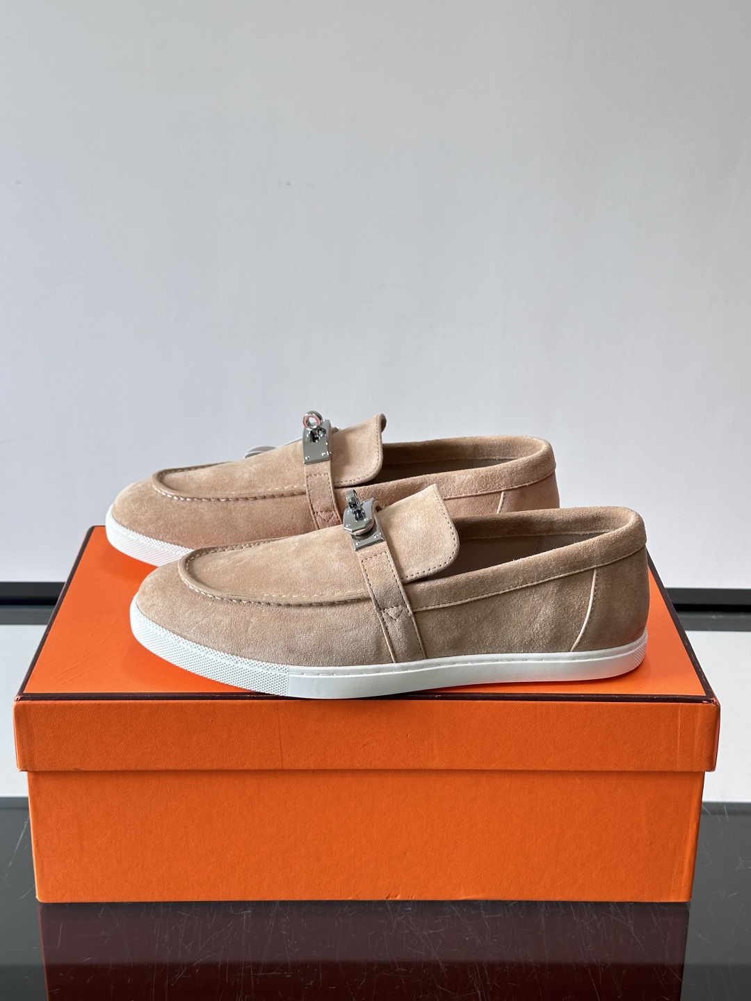 Hermes Beige Suede Kelly Loafers