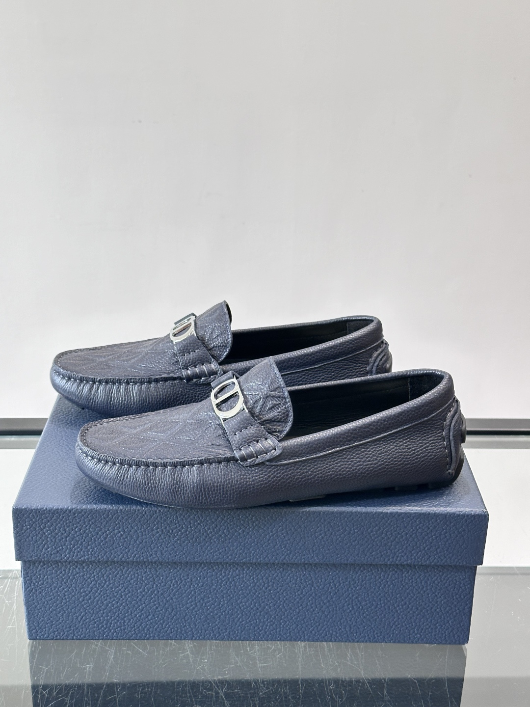 Christian Dior Navy Pebbled Leather Loafers