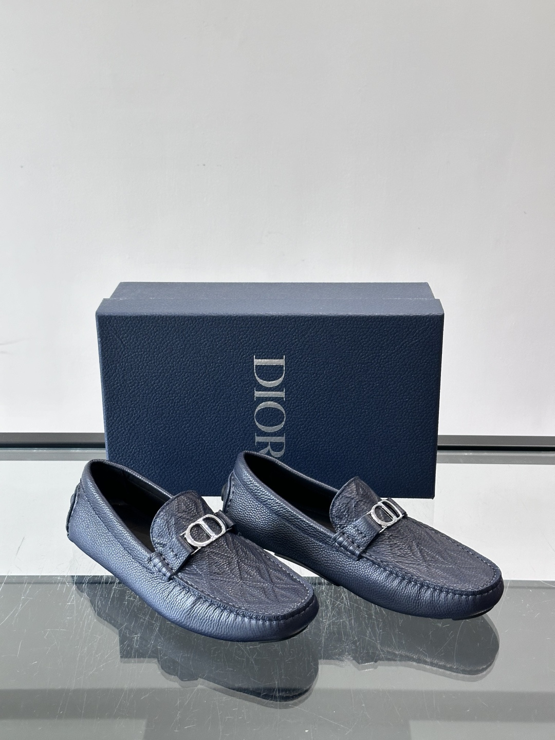 Christian Dior Navy Pebbled Leather Loafers
