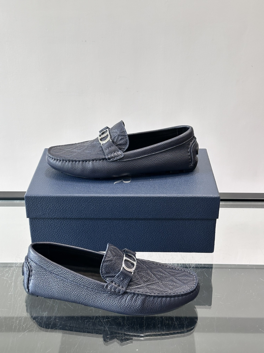 Christian Dior Navy Pebbled Leather Loafers