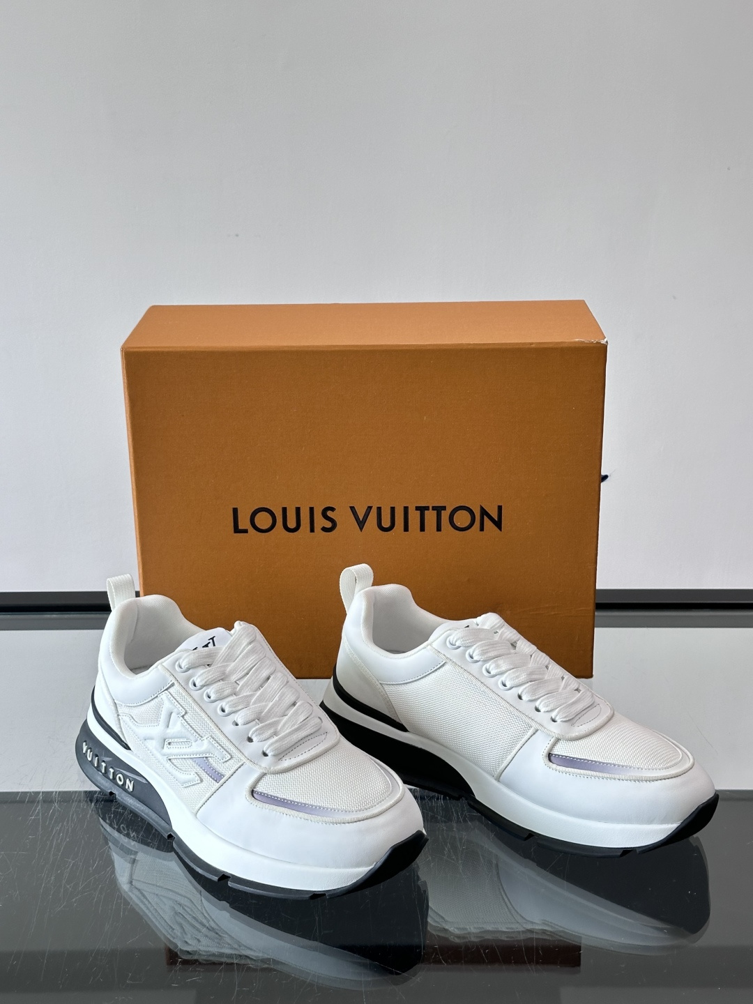 LV White Mesh Panel Platform Sneakers