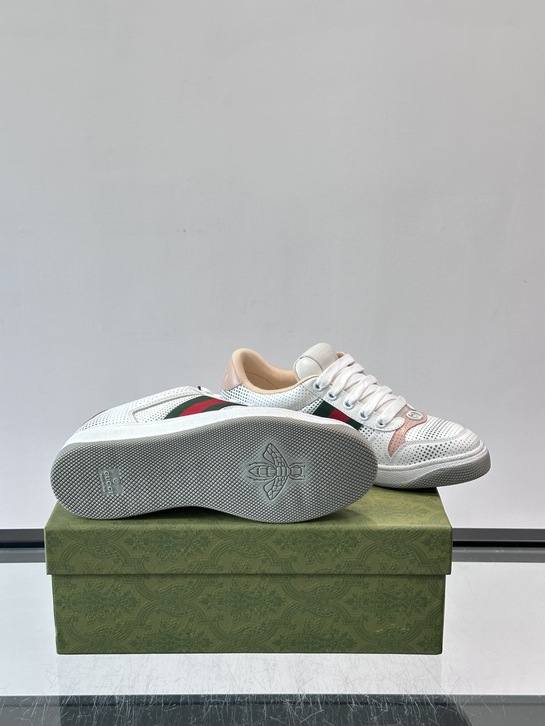 Gucci Pink Trim Perforated Web Stripe Sneakers