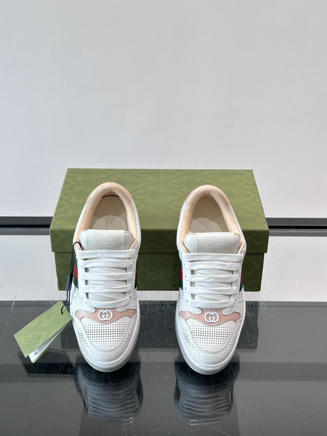 Gucci Pink Trim Perforated Web Stripe Sneakers