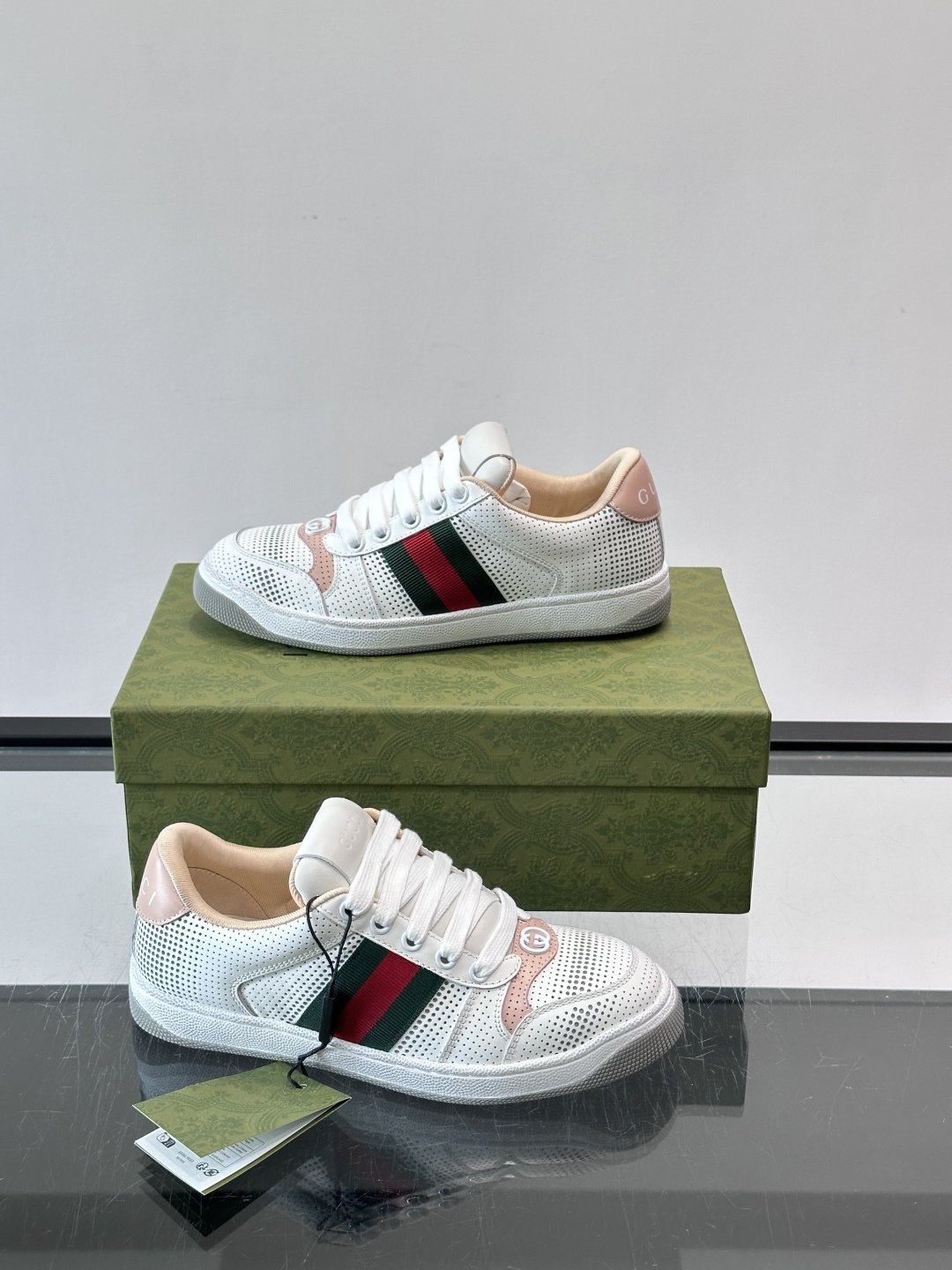 Gucci Pink Trim Perforated Web Stripe Sneakers