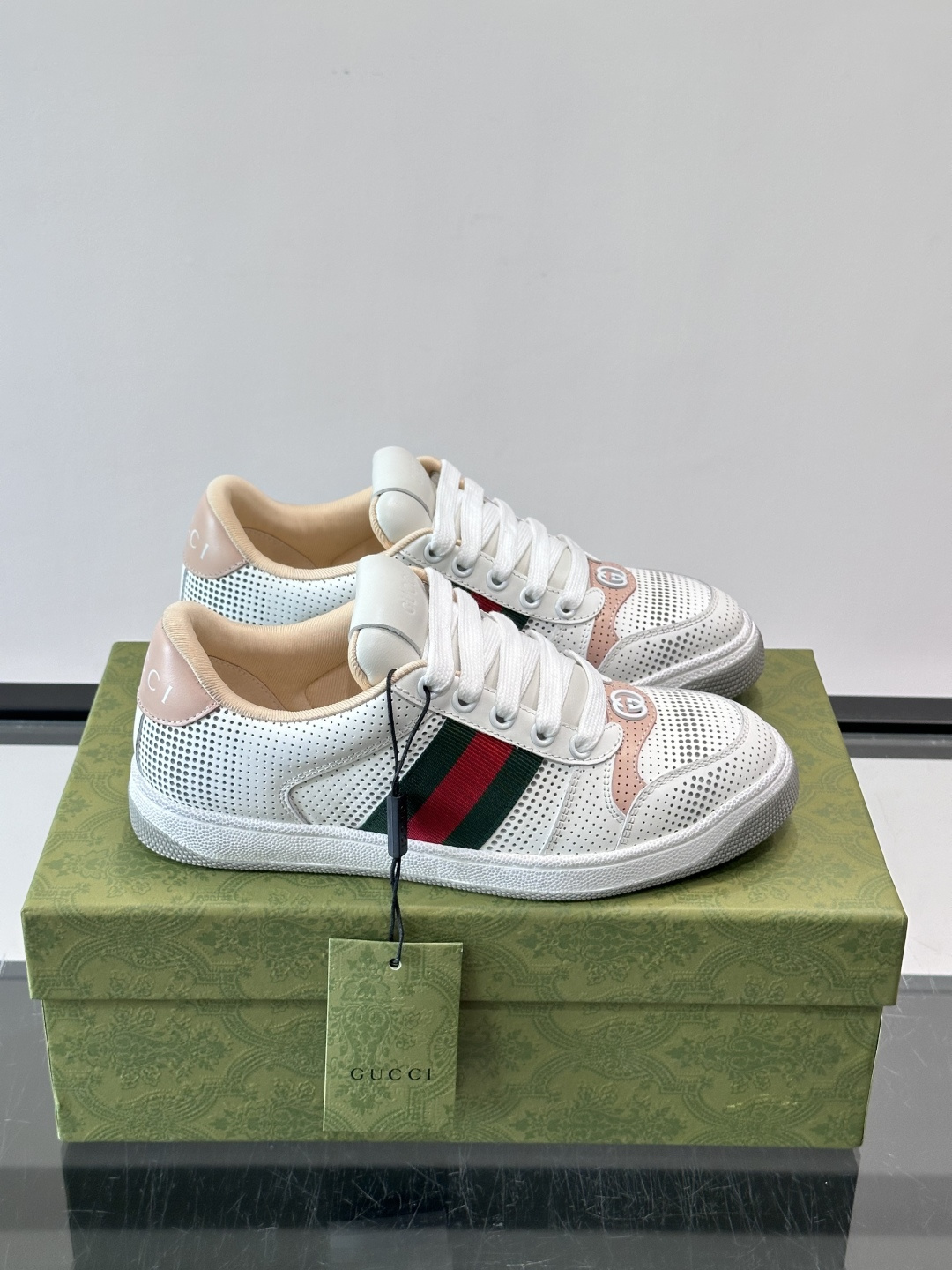 Gucci Pink Trim Perforated Web Stripe Sneakers