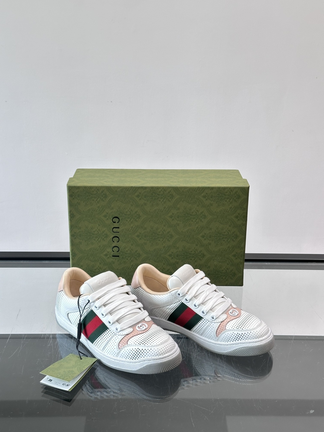 Gucci Pink Trim Perforated Web Stripe Sneakers
