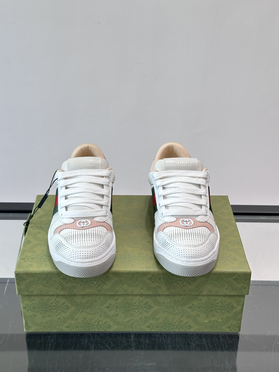 Gucci Pink Trim Perforated Web Stripe Sneakers