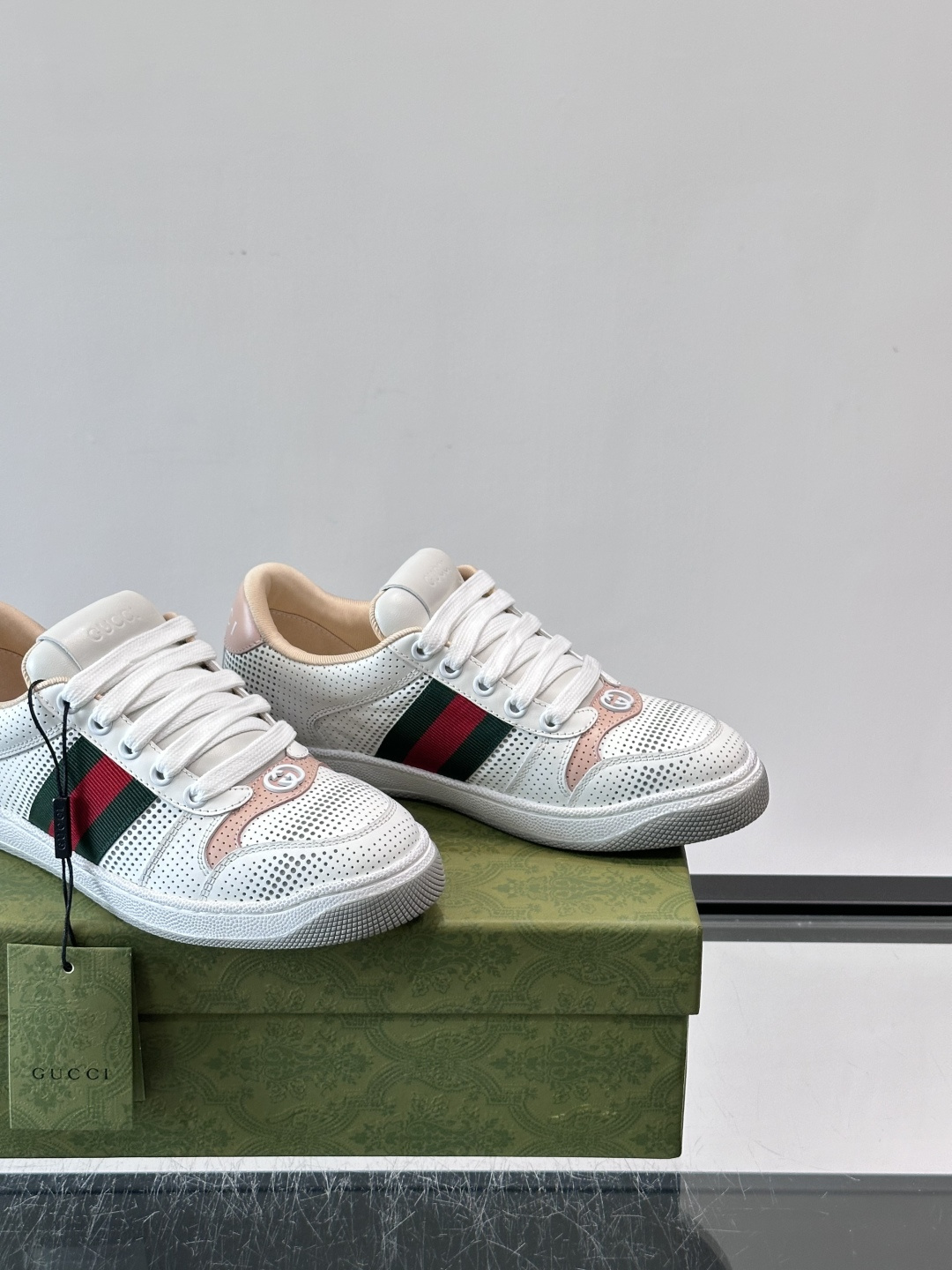 Gucci Pink Trim Perforated Web Stripe Sneakers