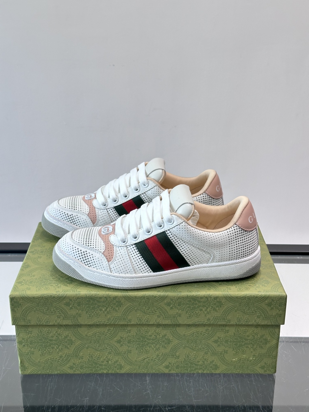 Gucci Pink Trim Perforated Web Stripe Sneakers