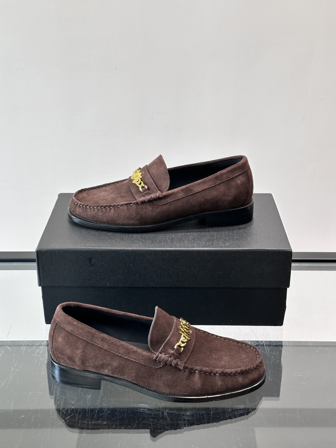AMIRI MA Chain Gold Logo Brown Suede Loafers