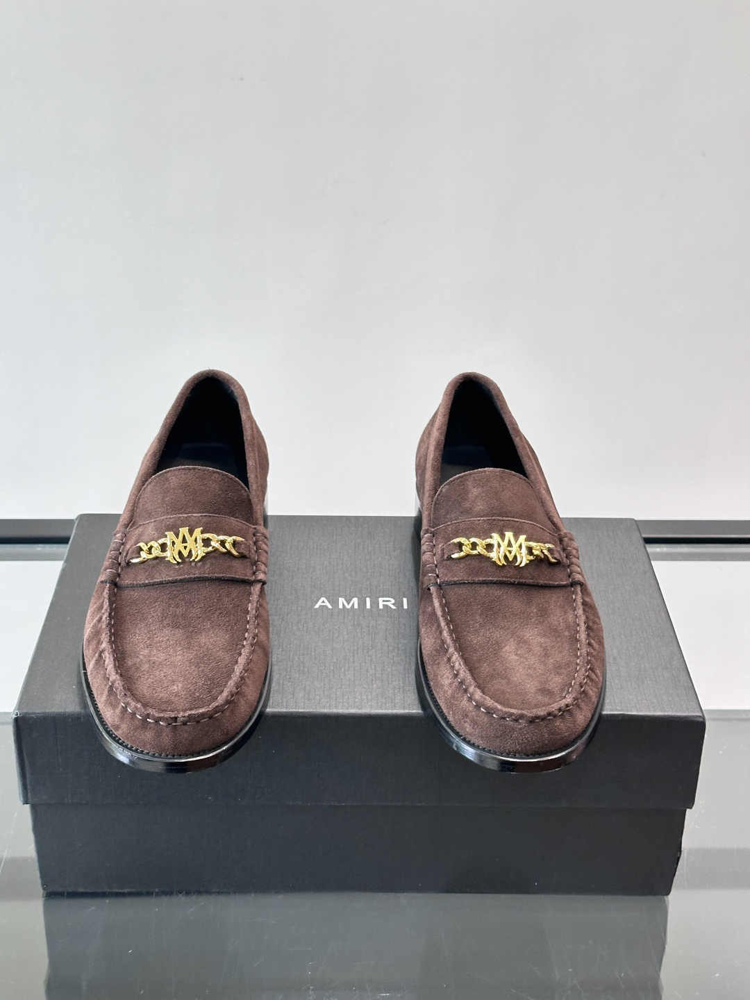 AMIRI MA Chain Gold Logo Brown Suede Loafers
