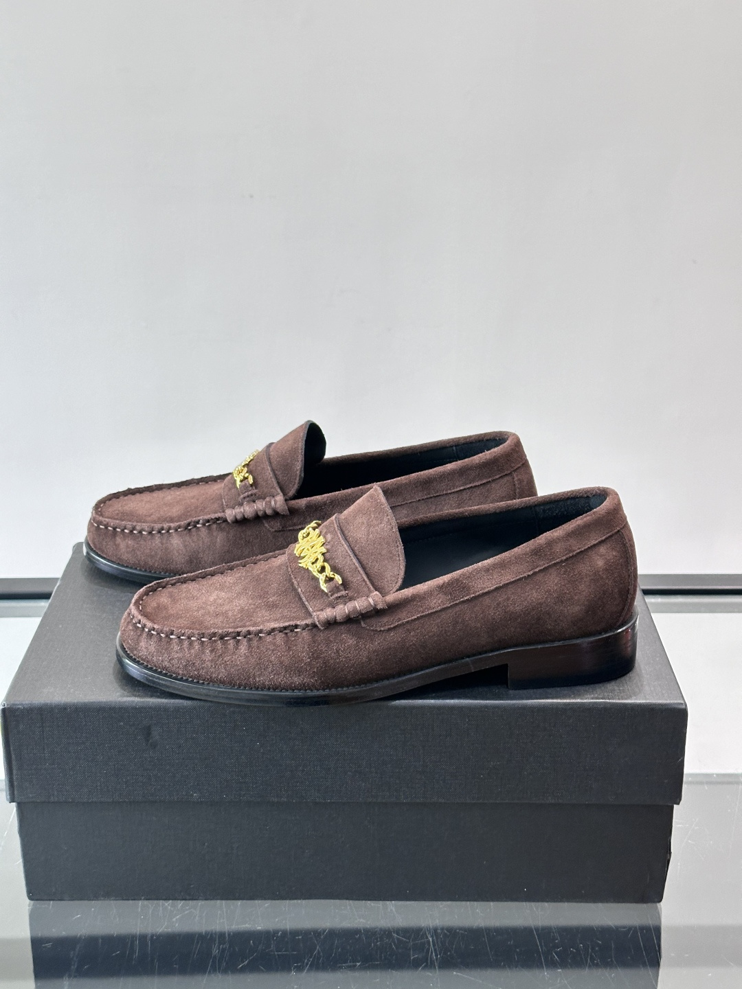 AMIRI MA Chain Gold Logo Brown Suede Loafers
