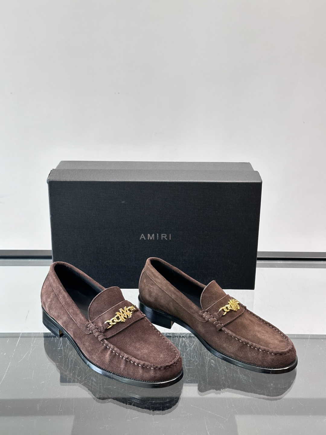 AMIRI MA Chain Gold Logo Brown Suede Loafers