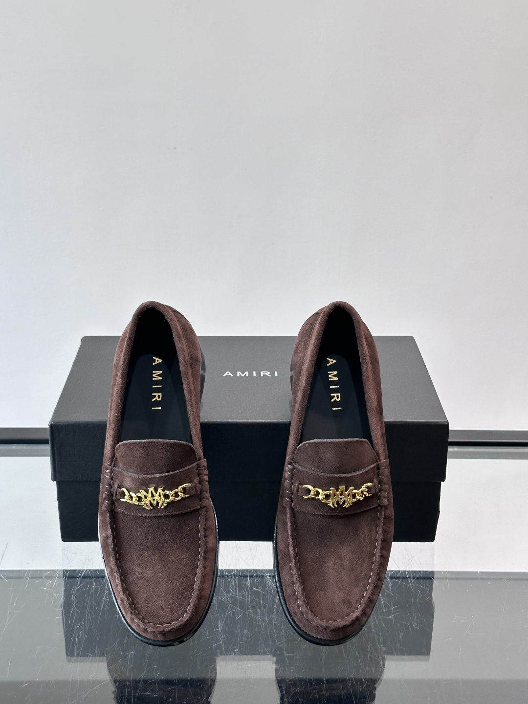 AMIRI MA Chain Gold Logo Brown Suede Loafers