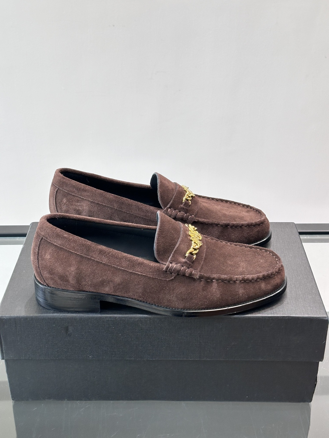 AMIRI MA Chain Gold Logo Brown Suede Loafers