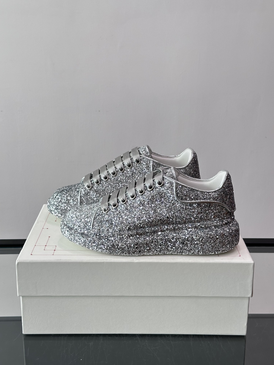 McQueen Silver Glitter Platform Trainers