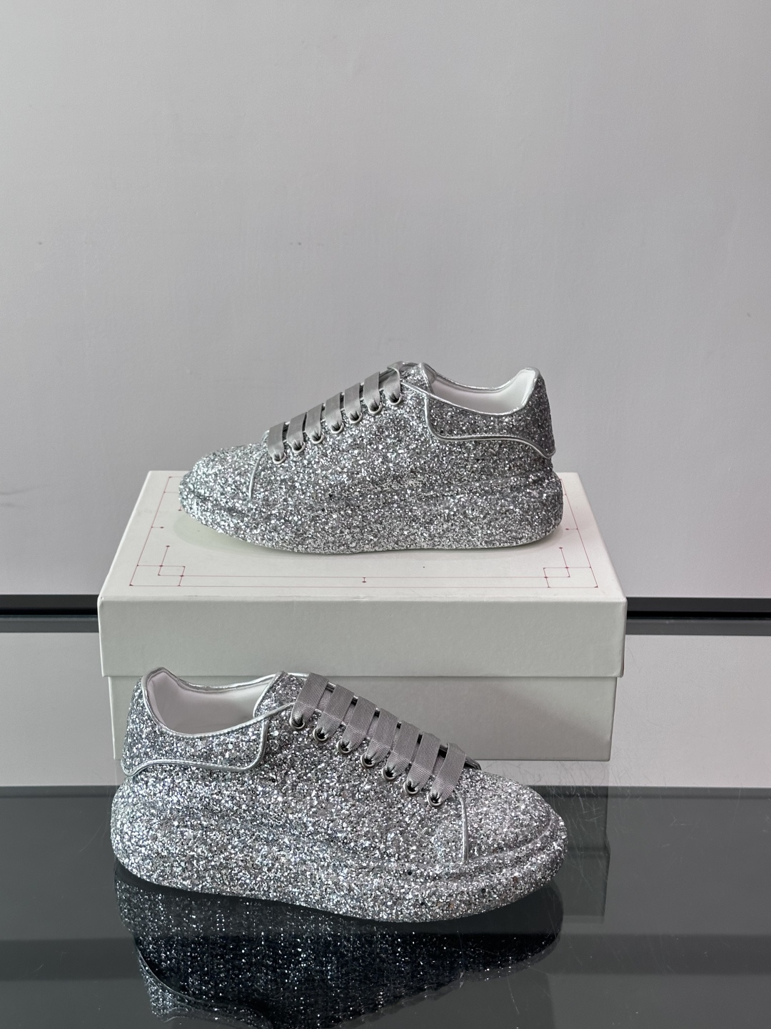 McQueen Silver Glitter Platform Trainers