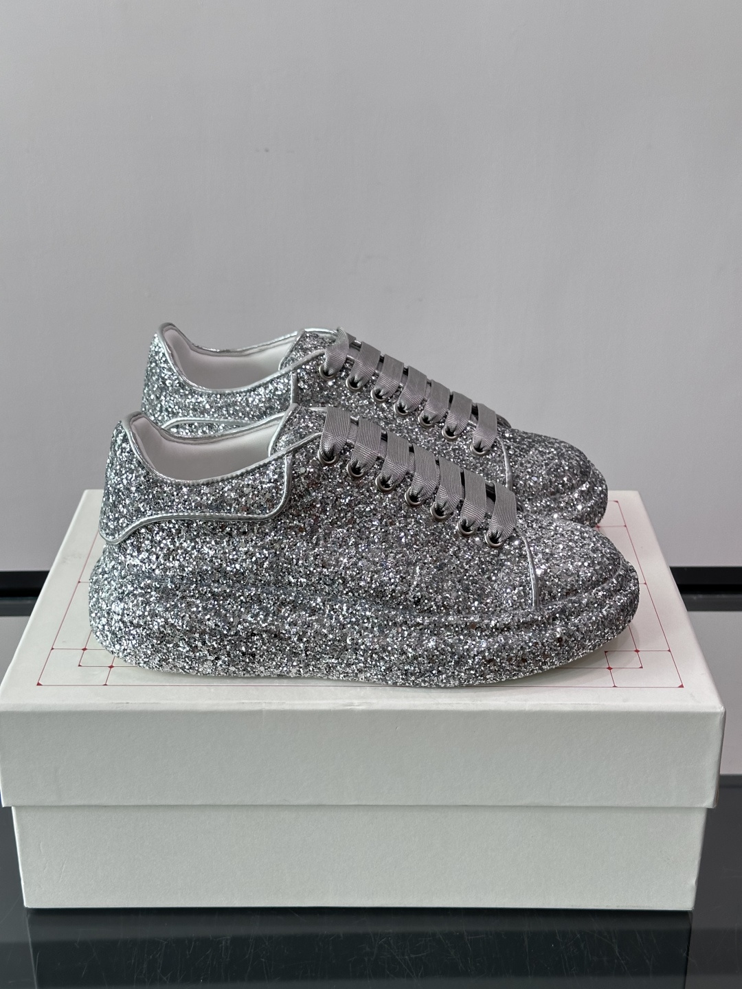 McQueen Silver Glitter Platform Trainers