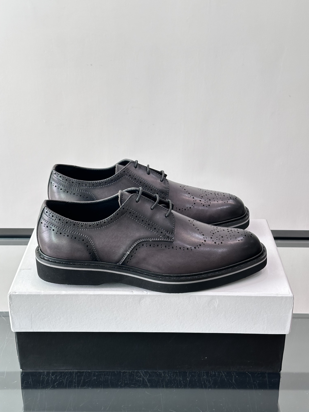 Prada Grey Brushed Leather Brogue Derby Shoes