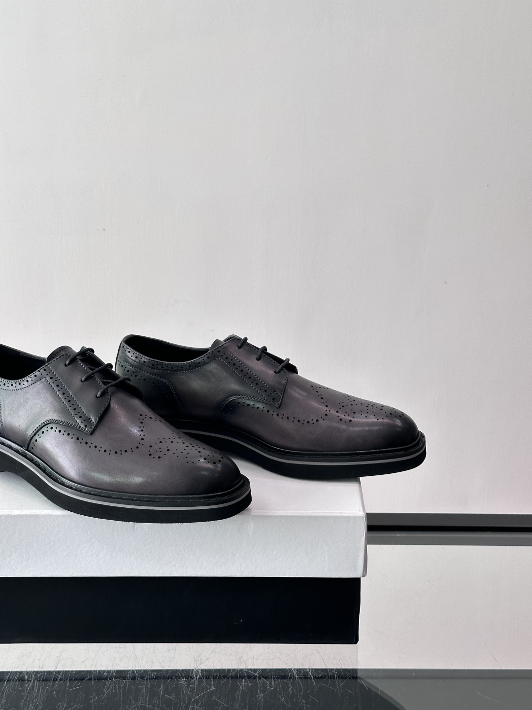 Prada Grey Brushed Leather Brogue Derby Shoes