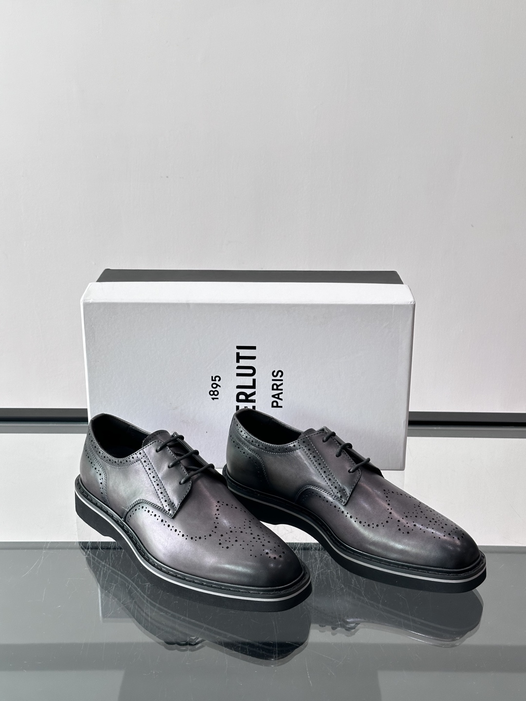 Prada Grey Brushed Leather Brogue Derby Shoes