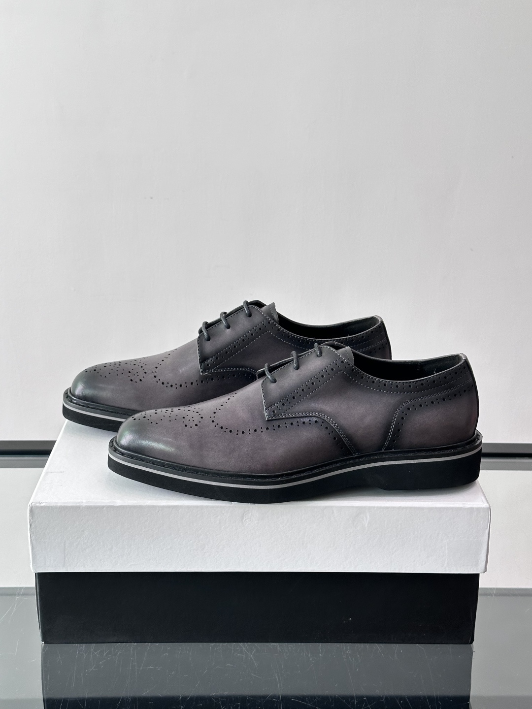 Prada Grey Brushed Leather Brogue Derby Shoes