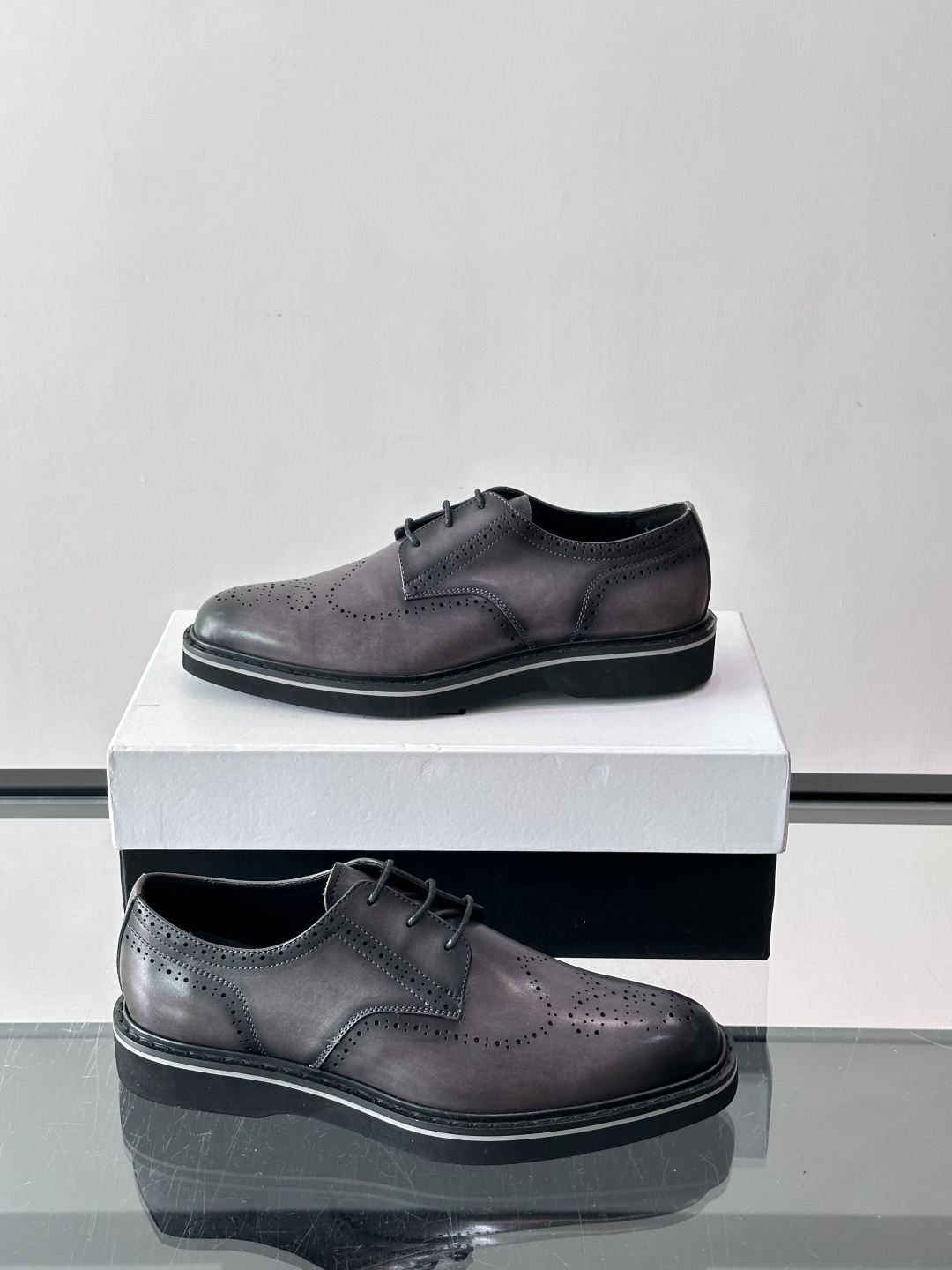 Prada Grey Brushed Leather Brogue Derby Shoes