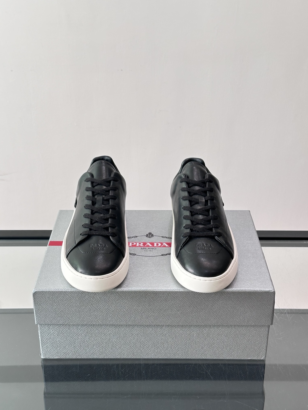 Prada Black Leather Triangle Label Casual Sneakers