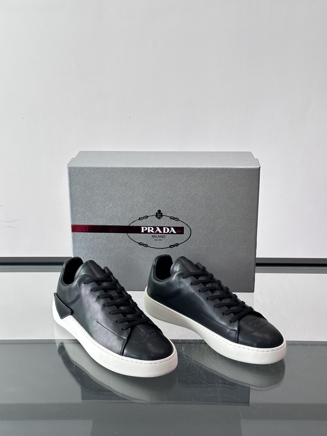 Prada Black Leather Triangle Label Casual Sneakers