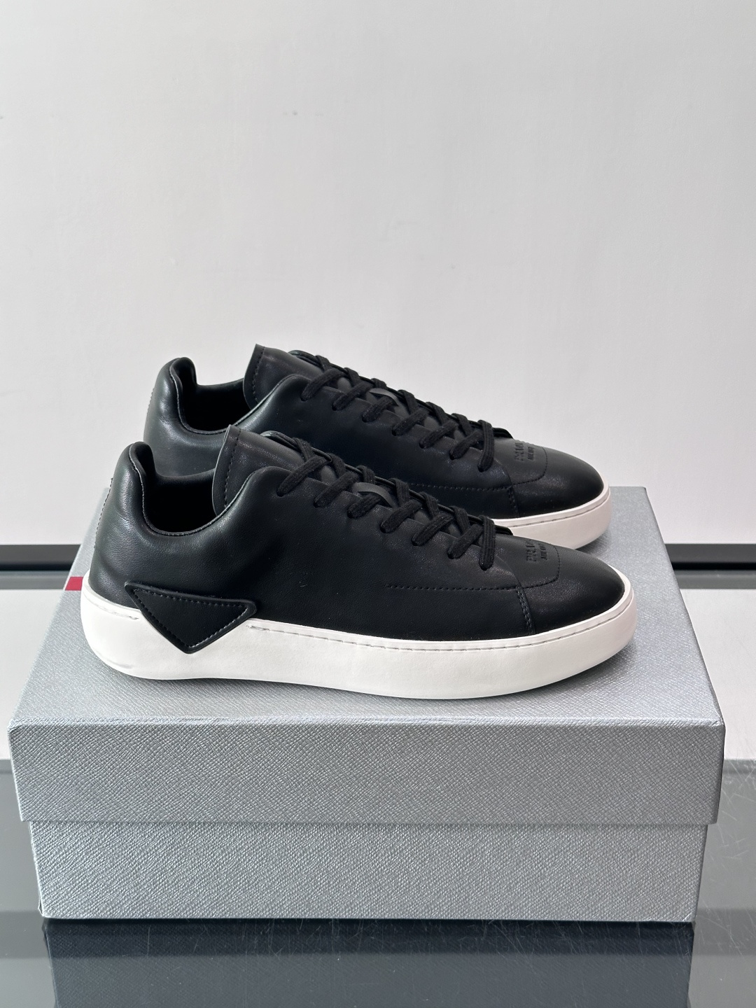 Prada Black Leather Triangle Label Casual Sneakers