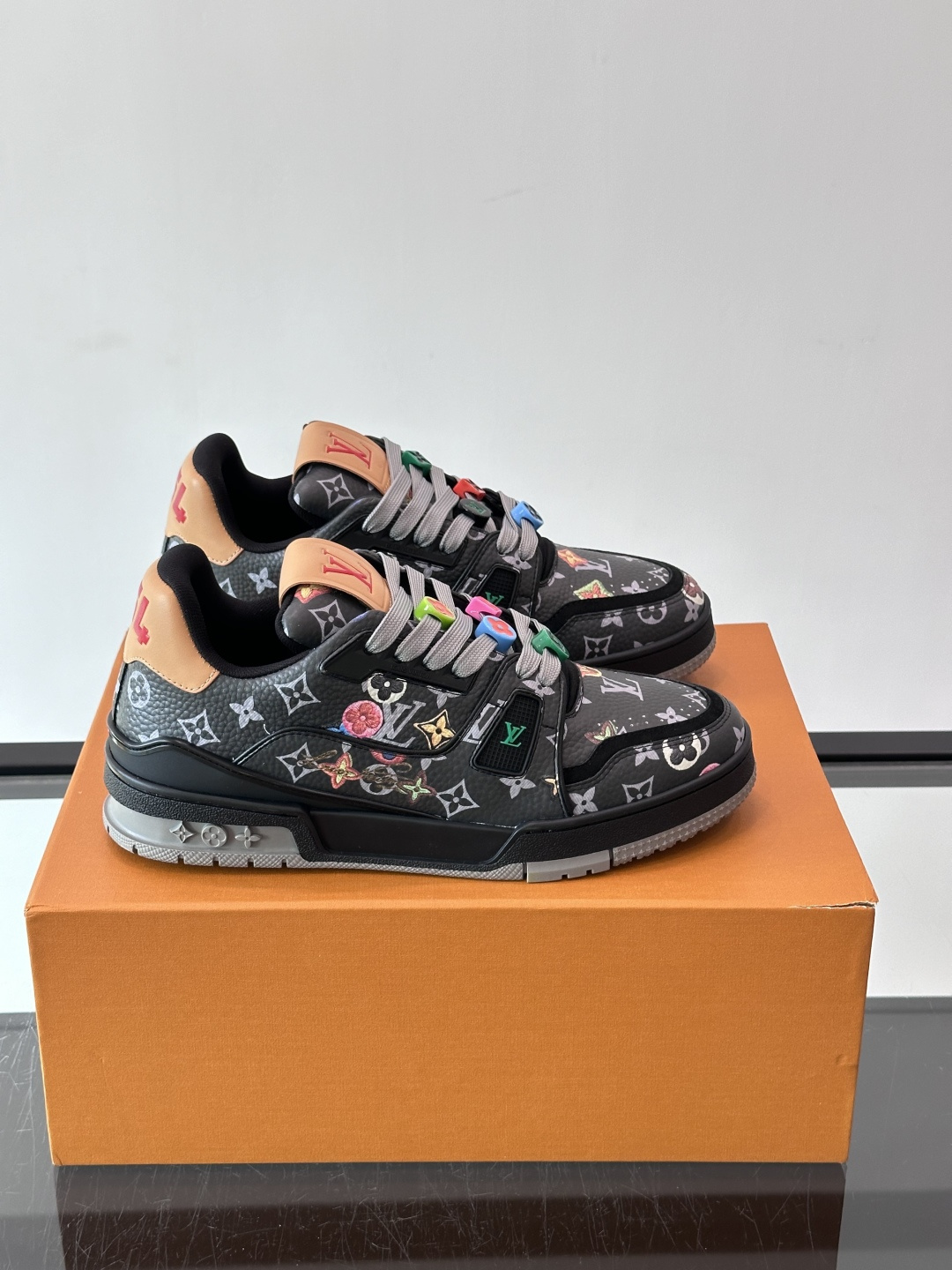 Louis Vuitton Black Floral Low Top Sneakers