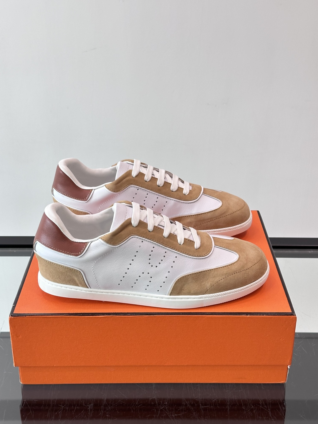 Hermes Tan White Low Top Sneakers