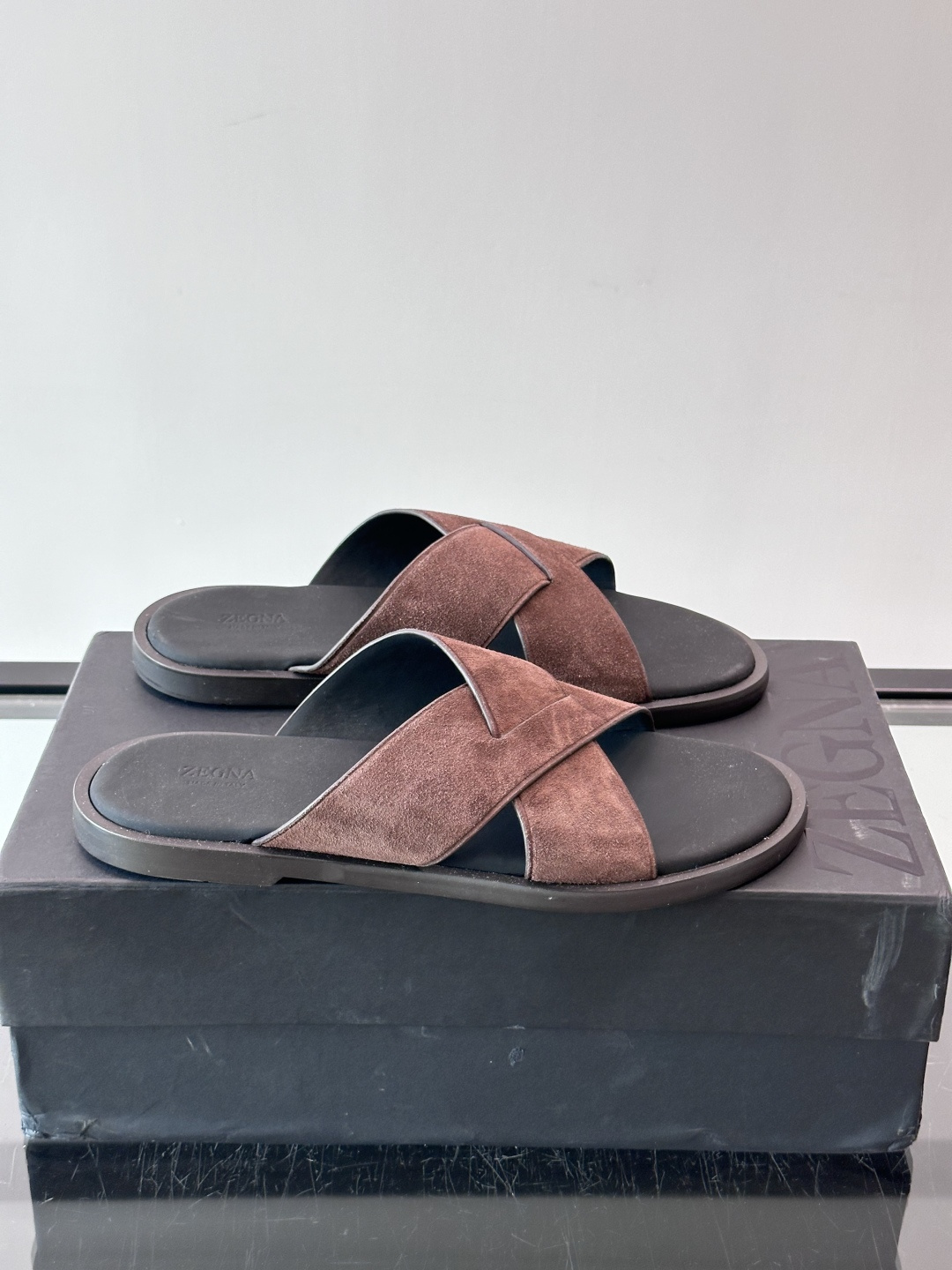 Zegna Brown Cross Strap Slide Sandals