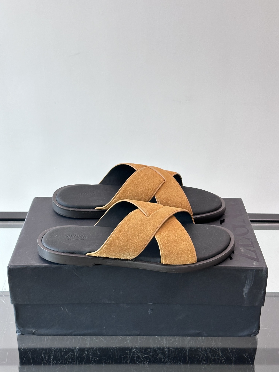 Zegna Tan Cross Strap Slide Sandals