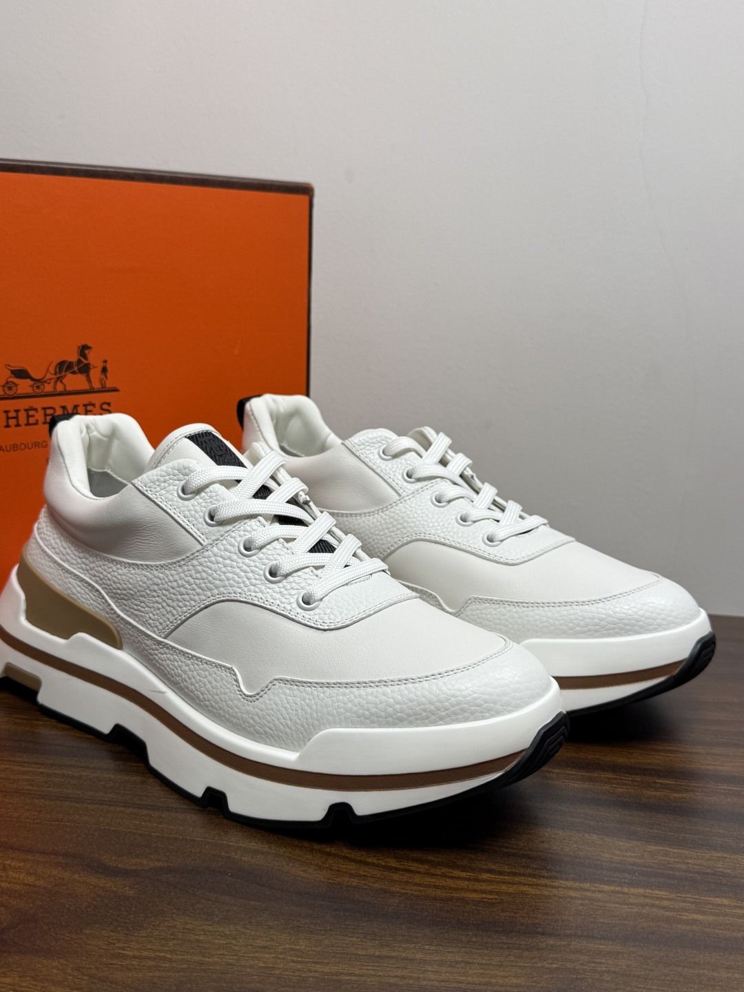 Hermes White Chunky Lace Up Sneakers