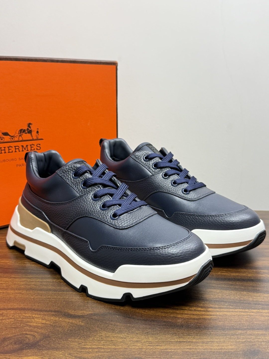 Hermes Navy Chunky Lace Up Sneakers